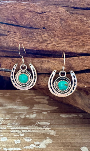 LUCKY HORSESHOE Running Bear RB Silver and Turquoise Navajo Earrings