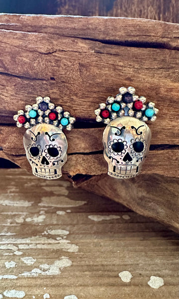 MEXICAN CALAVERAS Turquoise Coral Amethyst Beads & Sterling Silver Stud Earrings
