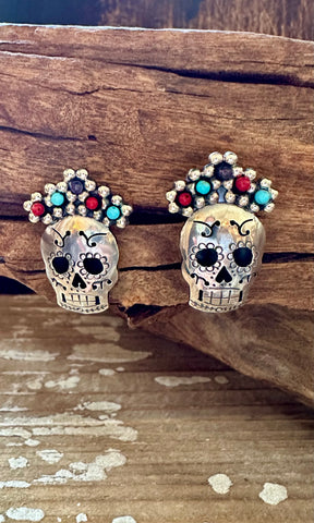 MEXICAN CALAVERAS Turquoise Coral Amethyst Beads & Sterling Silver Stud Earrings