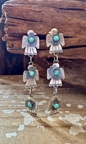 TRIPLE THUNDERBIRD Yazzie Sterling Silver and Turquoise Statement Earrings