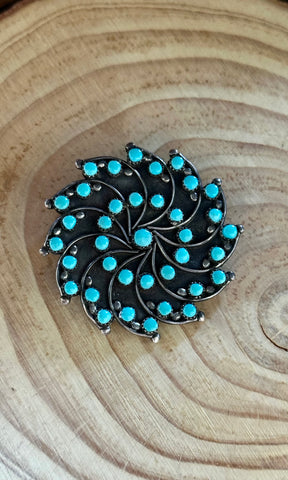 ZUNI MEDALLION Turquoise Flower Cluster Sterling Silver Brooch