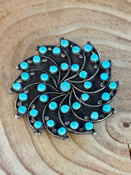 ZUNI MEDALLION Turquoise Flower Cluster Sterling Silver Brooch