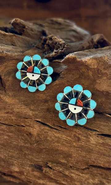 ZUNI SUN FACE Handmade Sterling Silver, Turquoise, Jet, Mother of Pearl Stud Earrings