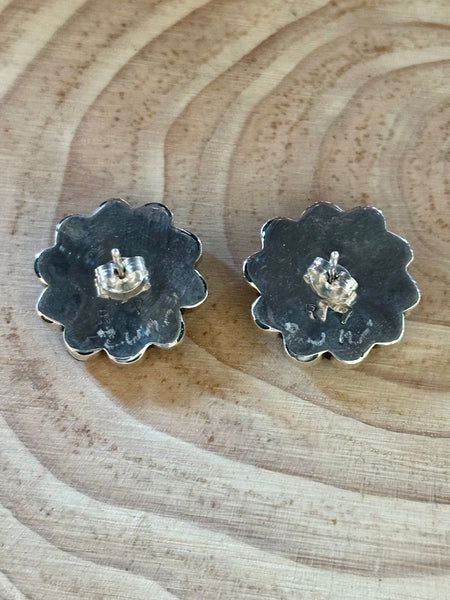 ZUNI SUN FACE Handmade Sterling Silver, Turquoise, Jet, Mother of Pearl Stud Earrings