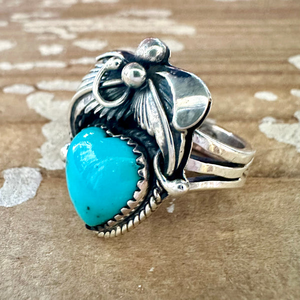 BLUE CORAZON J. Piaso Jr Sterling Silver & Turquoise Flower Heart Ring • Size 7 1/4