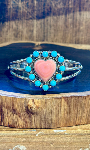 MERMAID HEART Pink Conch, Turquoise & Silver Cuff