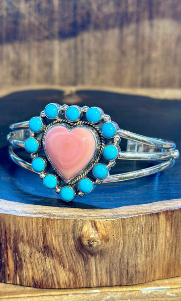 MERMAID HEART Pink Conch, Turquoise & Silver Cuff