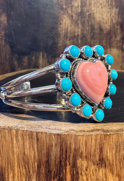 MERMAID HEART Pink Conch, Turquoise & Silver Cuff