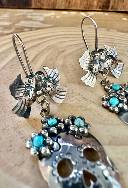 MEXICAN LOVEBIRD CALAVERA Turquoise & Sterling Silver Earrings
