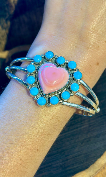 MERMAID HEART Pink Conch, Turquoise & Silver Cuff