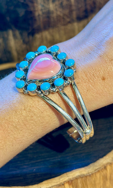 MERMAID HEART Pink Conch, Turquoise & Silver Cuff