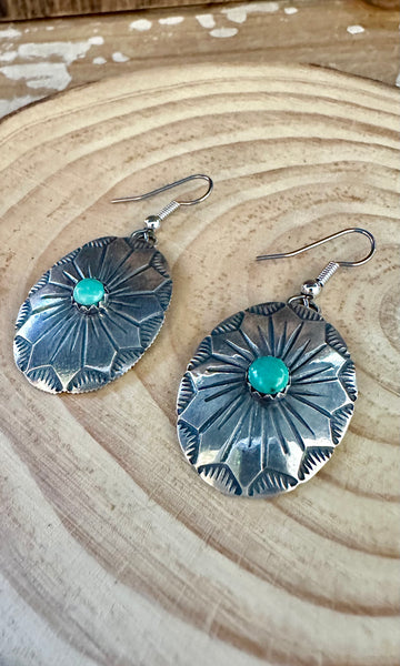 FLOWER MEDALLION Sterling Silver and Turquoise Dangle Earrings