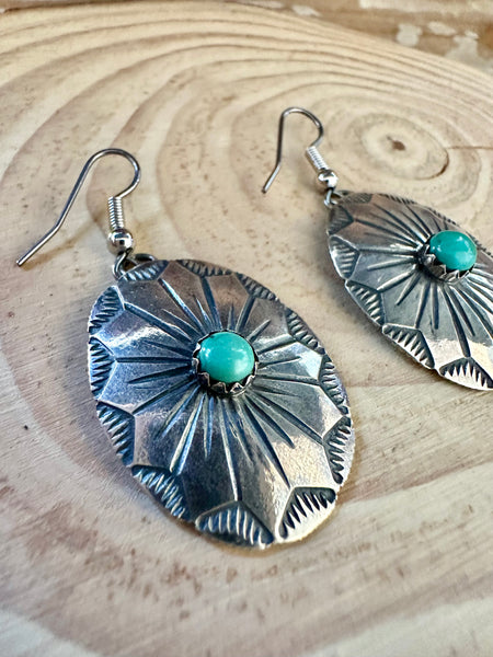 FLOWER MEDALLION Sterling Silver and Turquoise Dangle Earrings