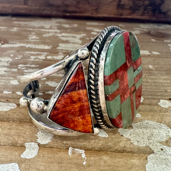 ALL IN ALL Sterling Silver, Spiny Oyster & Turquoise Inlay Cuff, Chimney Butte 66g
