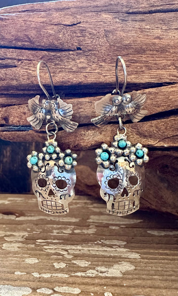 MEXICAN LOVEBIRD CALAVERA Turquoise & Sterling Silver Earrings