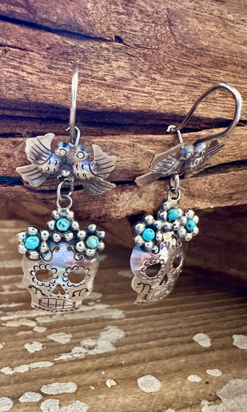 MEXICAN LOVEBIRD CALAVERA Turquoise & Sterling Silver Earrings