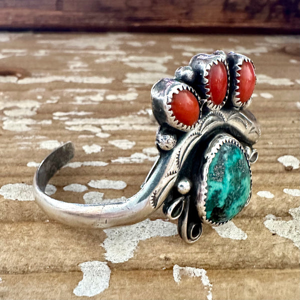 SEE THROUGH Sterling Silver, Coral, Turquoise Cuff