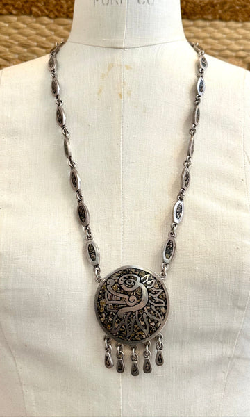 MEXICAN MEDALLION Handmade Sterling Silver & Inlayed Jasper Stone Necklace Pendant • 134g