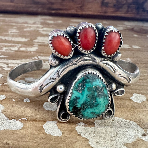 SEE THROUGH Sterling Silver, Coral, Turquoise Cuff