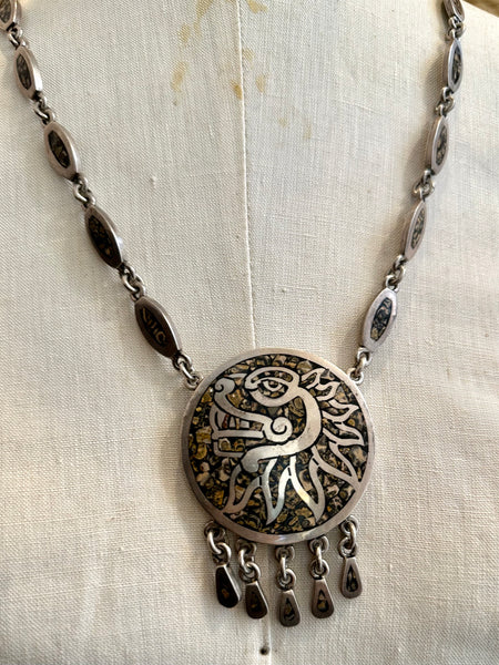MEXICAN MEDALLION Handmade Sterling Silver & Inlayed Jasper Stone Necklace Pendant • 134g