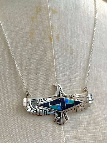 THUNDERBIRD INLAY Whitehorse Inlay Handmade Sterling Silver & Multi-Stone Inlay Necklace Pendant