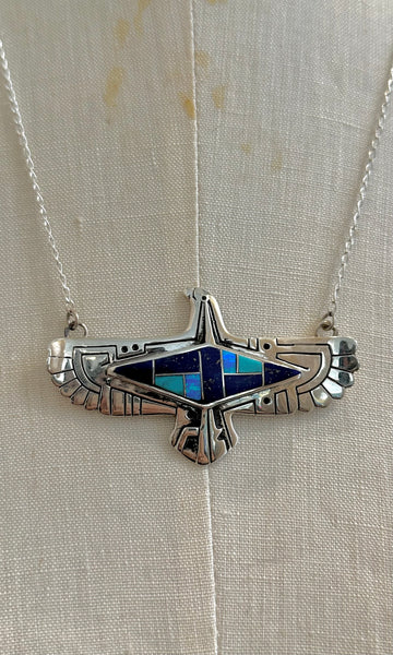 THUNDERBIRD INLAY Whitehorse Inlay Handmade Sterling Silver & Multi-Stone Inlay Necklace Pendant