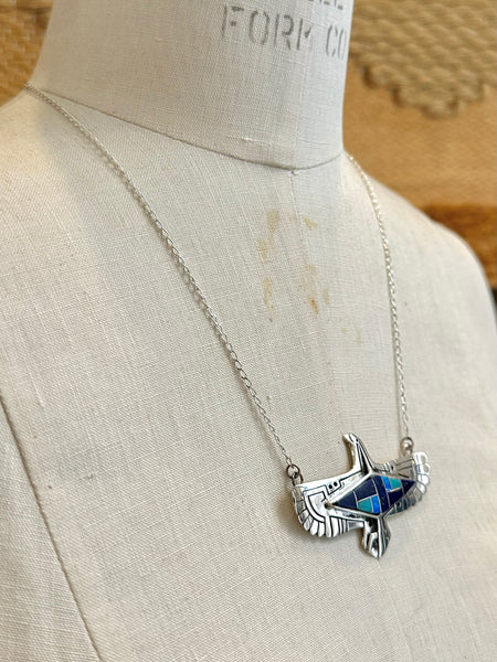 THUNDERBIRD INLAY Whitehorse Inlay Handmade Sterling Silver & Multi-Stone Inlay Necklace Pendant