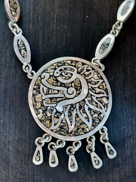 MEXICAN MEDALLION Handmade Sterling Silver & Inlayed Jasper Stone Necklace Pendant • 134g