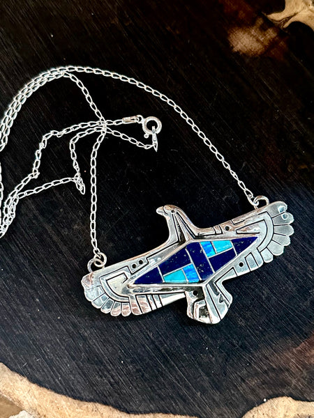 THUNDERBIRD INLAY Whitehorse Inlay Handmade Sterling Silver & Multi-Stone Inlay Necklace Pendant