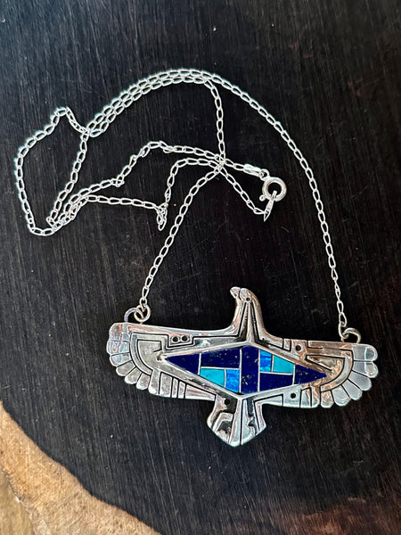 THUNDERBIRD INLAY Whitehorse Inlay Handmade Sterling Silver & Multi-Stone Inlay Necklace Pendant