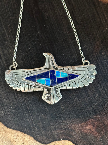 THUNDERBIRD INLAY Whitehorse Inlay Handmade Sterling Silver & Multi-Stone Inlay Necklace Pendant