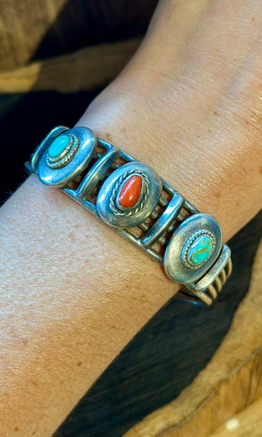 VINTAGE TURQUOISE CORAL and Silver Cuff