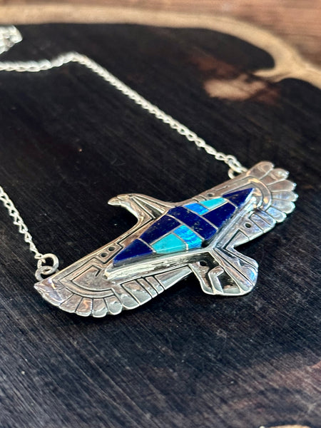 THUNDERBIRD INLAY Whitehorse Inlay Handmade Sterling Silver & Multi-Stone Inlay Necklace Pendant