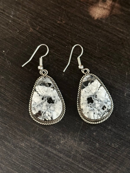 BUFFALO DANCER Navajo Sterling Silver & White Buffalo Drop Earrings