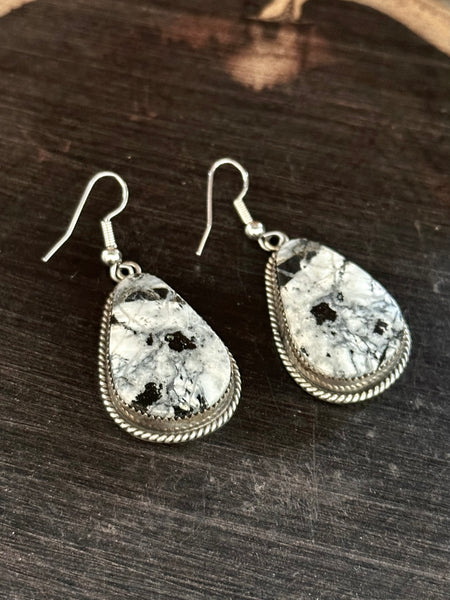 BUFFALO DANCER Navajo Sterling Silver & White Buffalo Drop Earrings