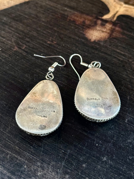 BUFFALO DANCER Navajo Sterling Silver & White Buffalo Drop Earrings