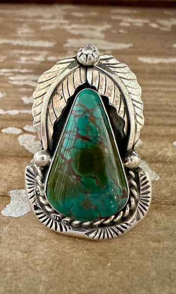 BETTA LEE Large Navajo Triangle Turquoise Stone and Sterling Silver Ring • Size 9.5