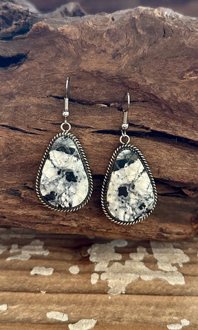 BUFFALO DANCER Navajo Sterling Silver & White Buffalo Drop Earrings