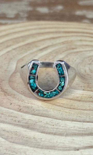 HORSESHOE BLUE Vintage Sterling Silver Inlay Turquoise Ring • Size 14.5