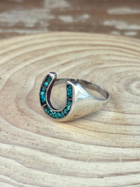 HORSESHOE BLUE Vintage Sterling Silver Inlay Turquoise Ring • Size 14.5