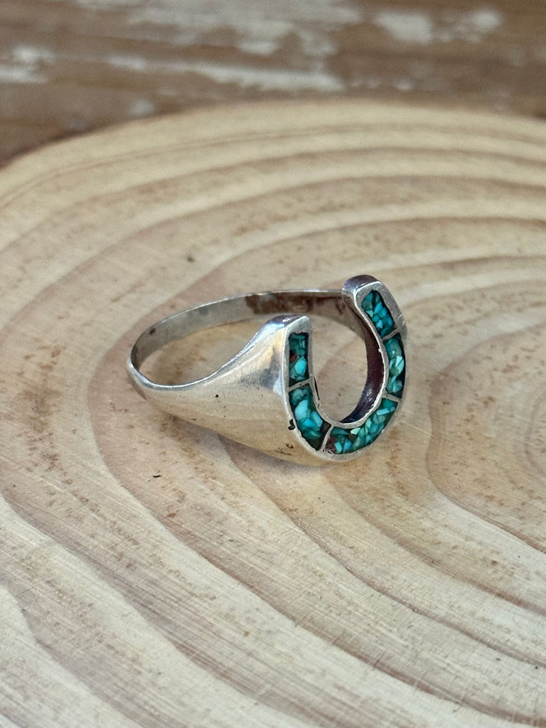 HORSESHOE BLUE Vintage Sterling Silver Inlay Turquoise Mens Ring