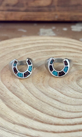 HOOKED ON HORSESHOES Vintage Sterling Silver Inlay Turquoise & Coral Ring • Multiple Sizes