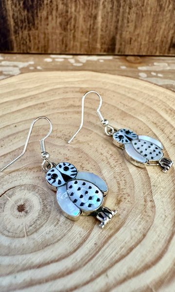 WHAT A HOOT Abalone and Mother of Pearl Owl Dangle Earrings