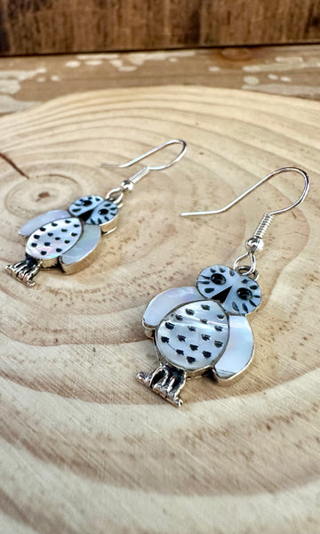 WHAT A HOOT Abalone and Mother of Pearl Owl Dangle Earrings
