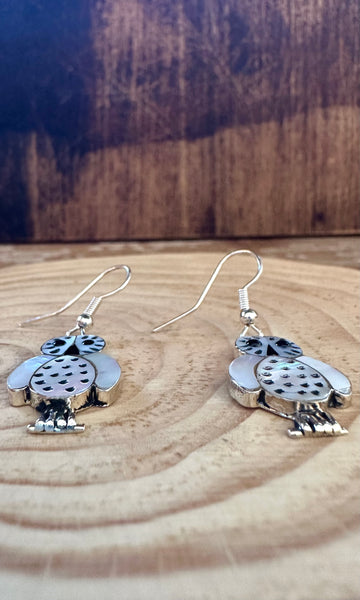 WHAT A HOOT Abalone and Mother of Pearl Owl Dangle Earrings