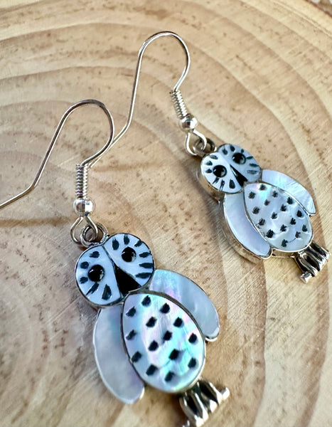 WHAT A HOOT Abalone and Mother of Pearl Owl Dangle Earrings