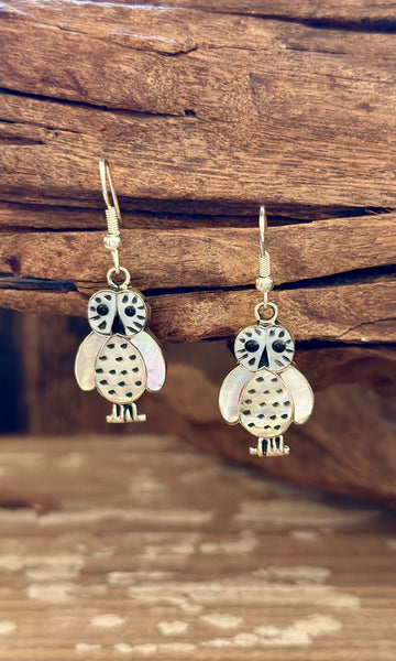 WHAT A HOOT Abalone and Mother of Pearl Owl Dangle Earrings