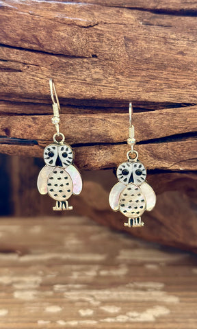 WHAT A HOOT Abalone and Mother of Pearl Owl Dangle Earrings