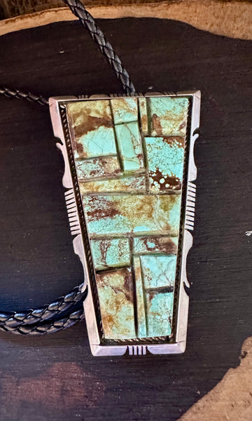 STEVE FRANCISCO Navajo Turquoise Mosaic Bolo Tie w/ Leather Cord