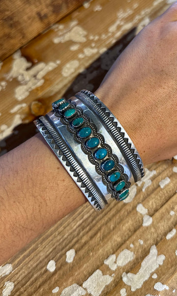 RICK MARTINEZ Vintage Turquoise Sterling Silver Stamped Cuff • 110g